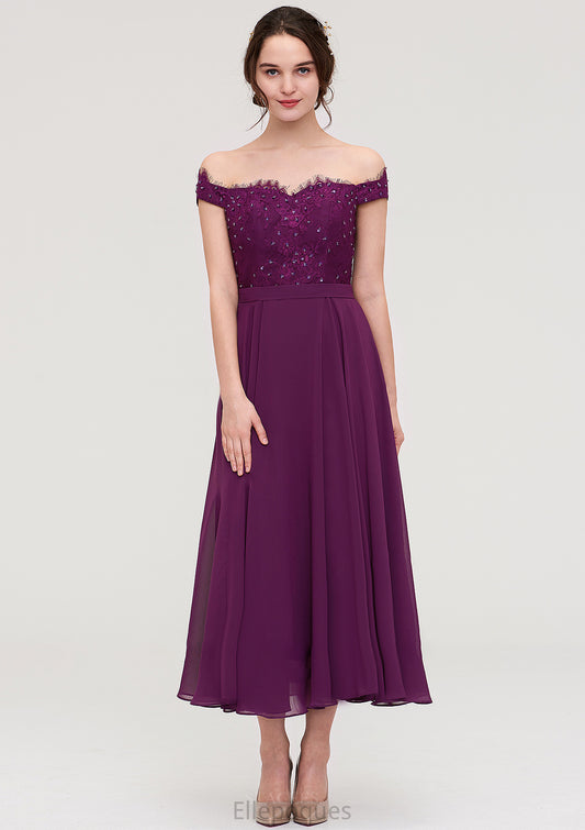 Off-the-Shoulder Sleeveless Tea-Length Chiffon A-line/Princess Bridesmaid Dresses With Lace Beading Lorelai HOP0025446