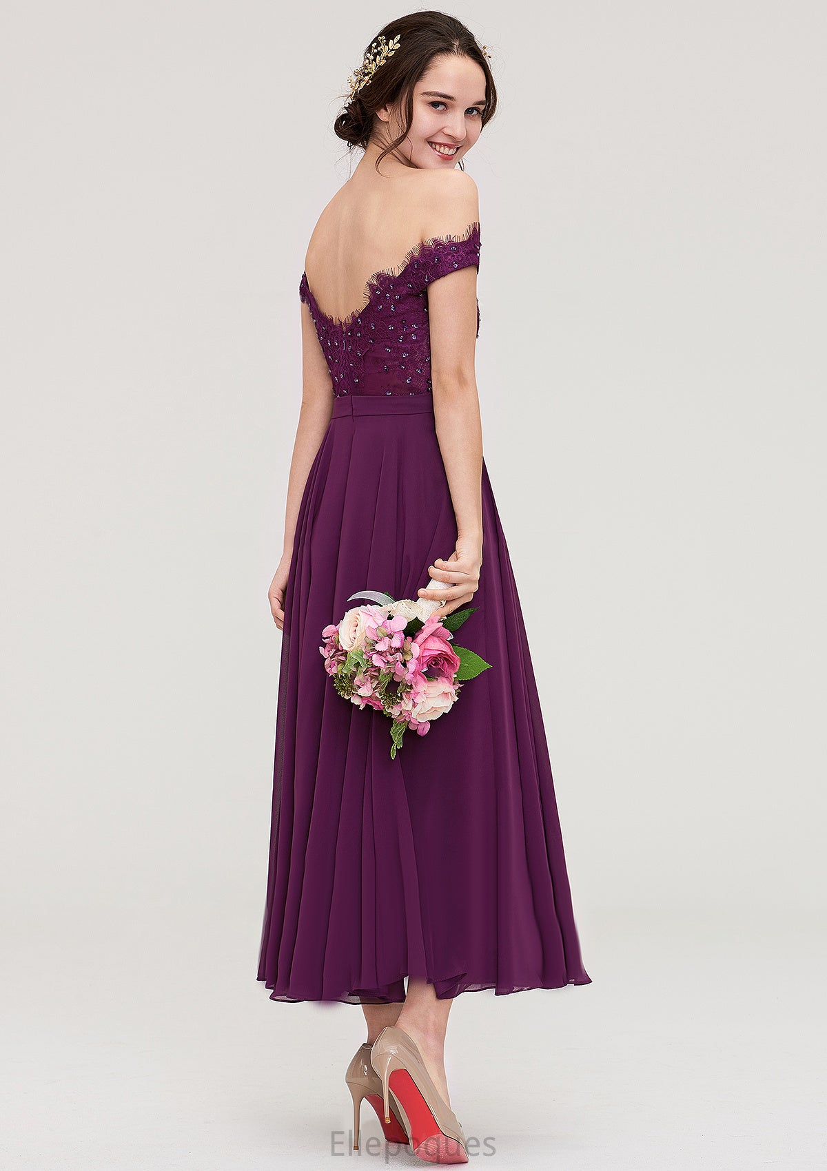 Off-the-Shoulder Sleeveless Tea-Length Chiffon A-line/Princess Bridesmaid Dresses With Lace Beading Lorelai HOP0025446