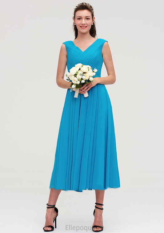 Sleeveless V Neck Tea-Length Chiffon A-line/Princess Bridesmaid Dresseses With Pleated Sal HOP0025448