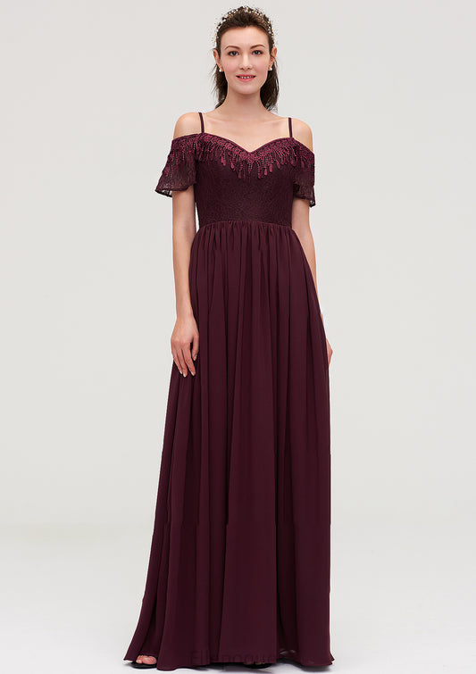 Off-the-Shoulder Sleeveless Chiffon A-line/Princess Long/Floor-Length Bridesmaid Dresseses With Lace Danica HOP0025449