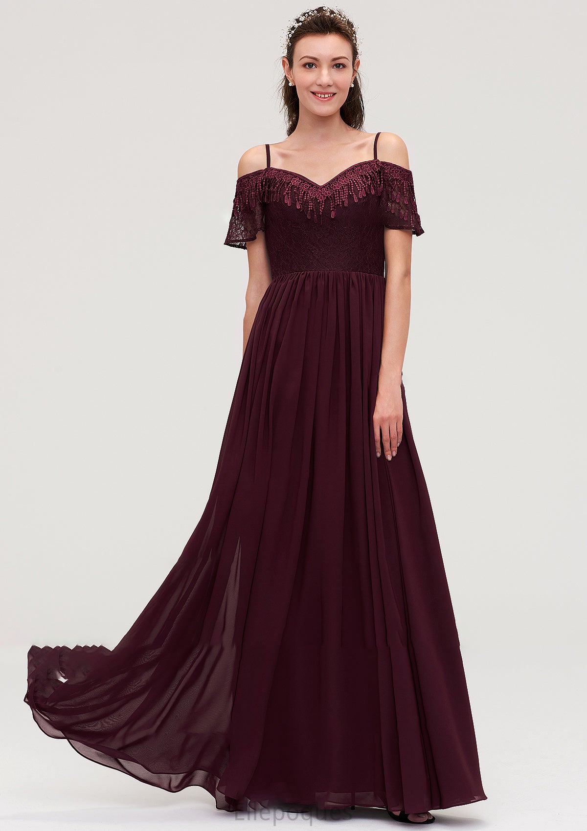 Off-the-Shoulder Sleeveless Chiffon A-line/Princess Long/Floor-Length Bridesmaid Dresseses With Lace Danica HOP0025449