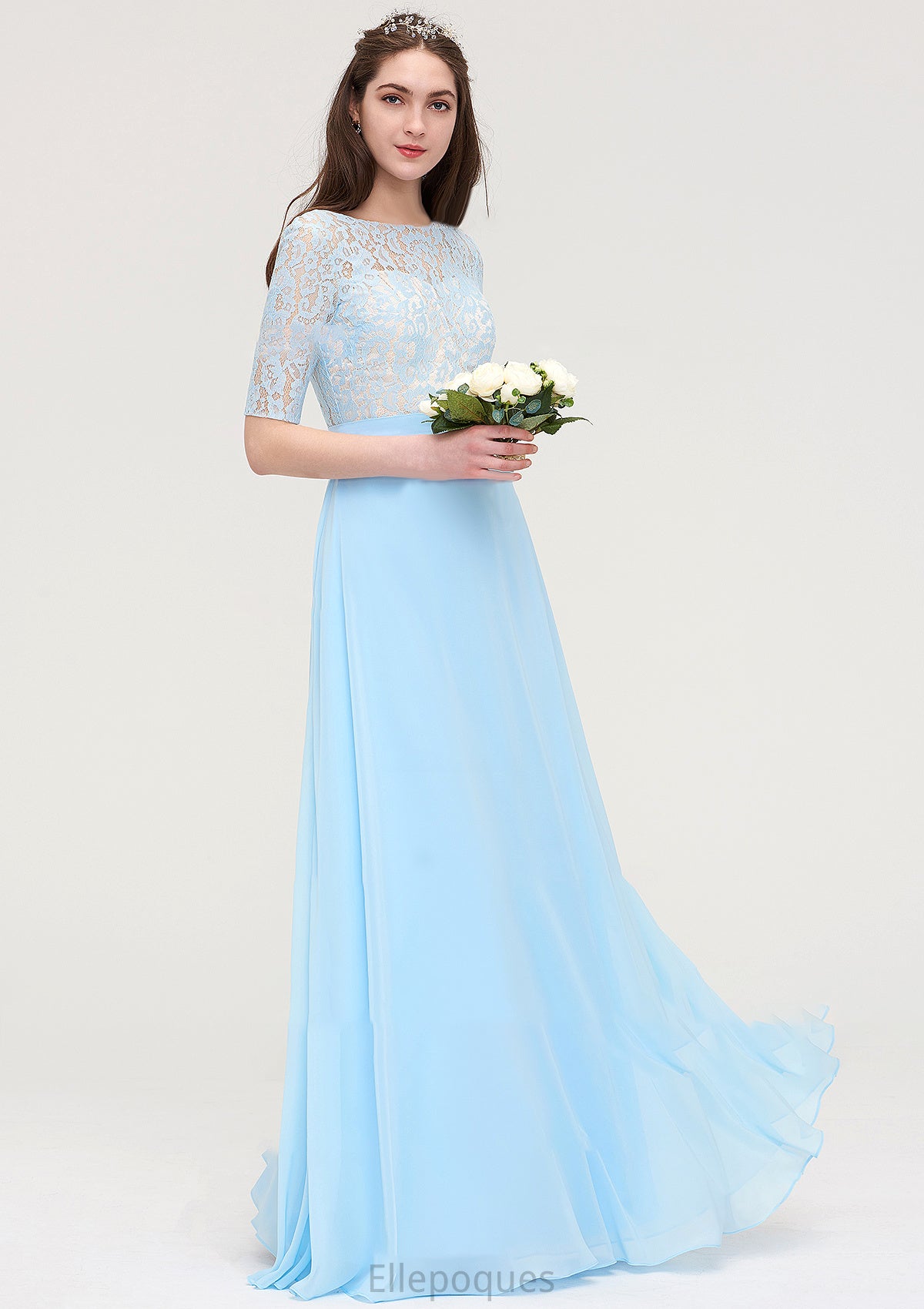Half Sleeve Long/Floor-Length Bateau Chiffon A-line/Princess Bridesmaid Dresses With Lace Cora HOP0025450