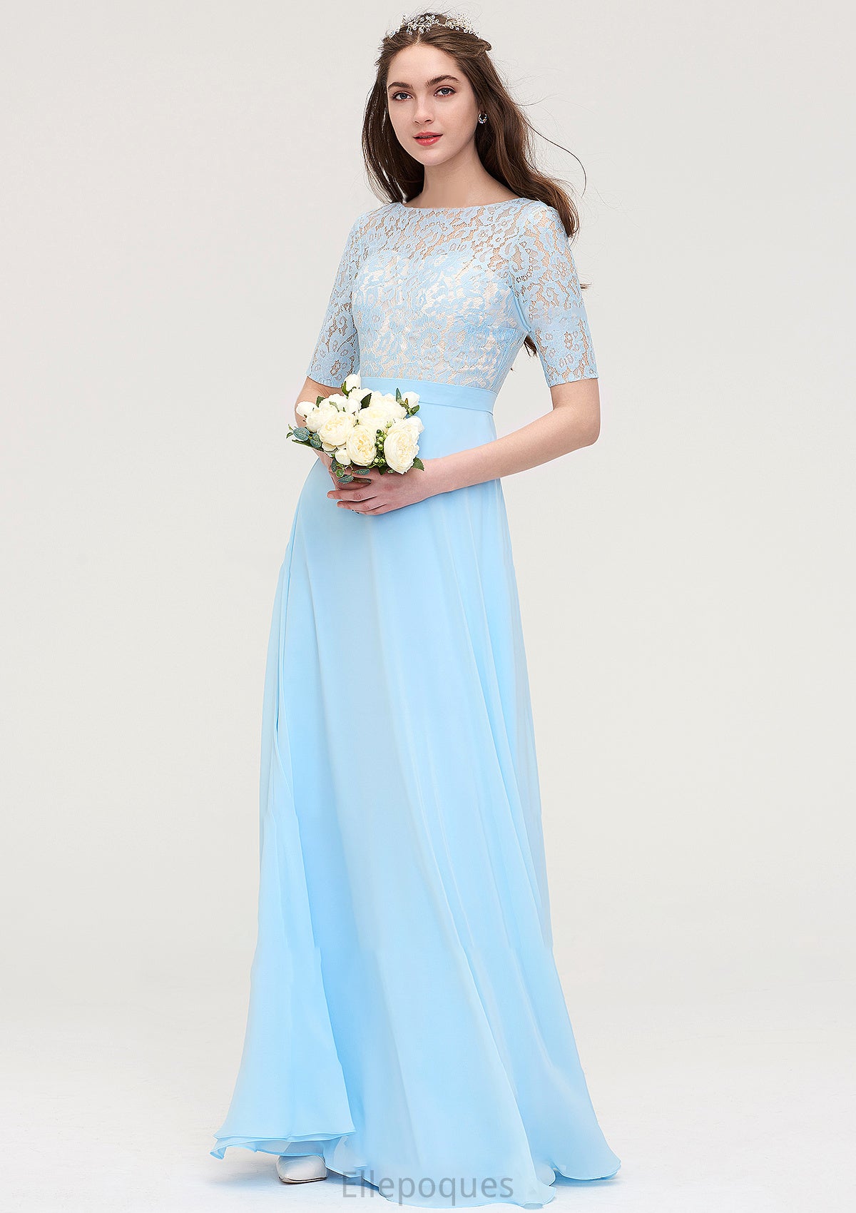 Half Sleeve Long/Floor-Length Bateau Chiffon A-line/Princess Bridesmaid Dresses With Lace Cora HOP0025450