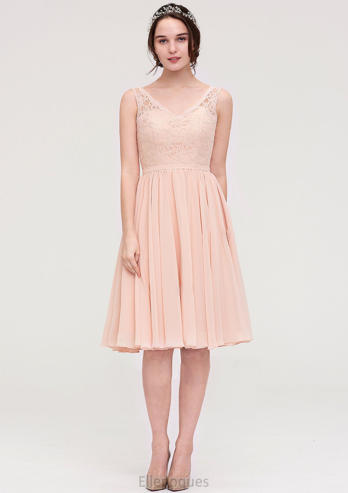 Sleeveless V Neck A-line/Princess Chiffon Knee-Length Bridesmaid Dresses With Lace Lisa HOP0025453