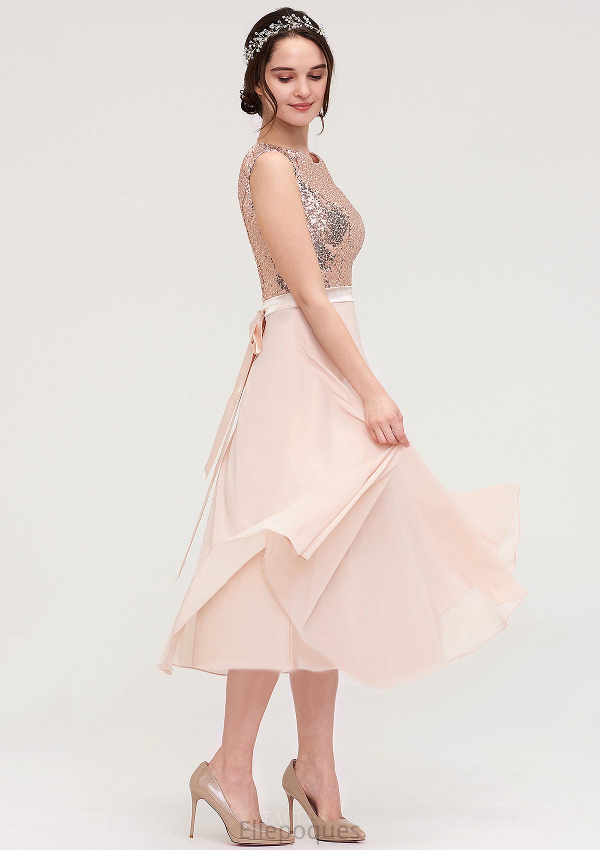 Sleeveless Bateau Chiffon A-line/Princess Bridesmaid Dresses With Sashes Sequins Athena HOP0025454