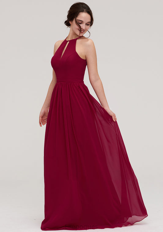 Scoop Neck Sleeveless A-line/Princess Long/Floor-Length Chiffon Bridesmaid Dresseses With Pleated Novia HOP0025456