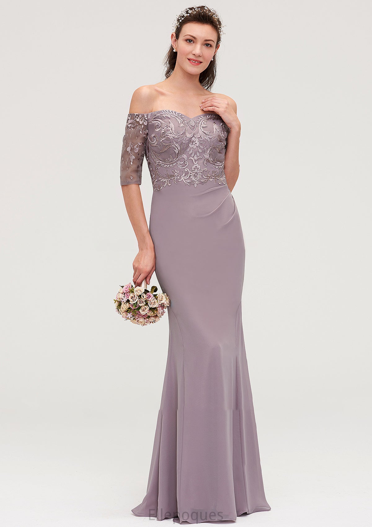 Off-the-Shoulder Half Sleeve Sheath/Column Long/Floor-Length Chiffon Bridesmaid Dresseses With Appliqued Coral HOP0025458