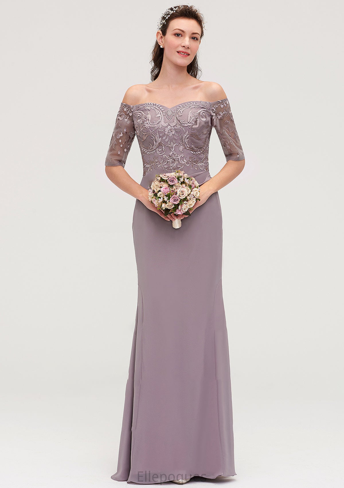 Off-the-Shoulder Half Sleeve Sheath/Column Long/Floor-Length Chiffon Bridesmaid Dresseses With Appliqued Coral HOP0025458