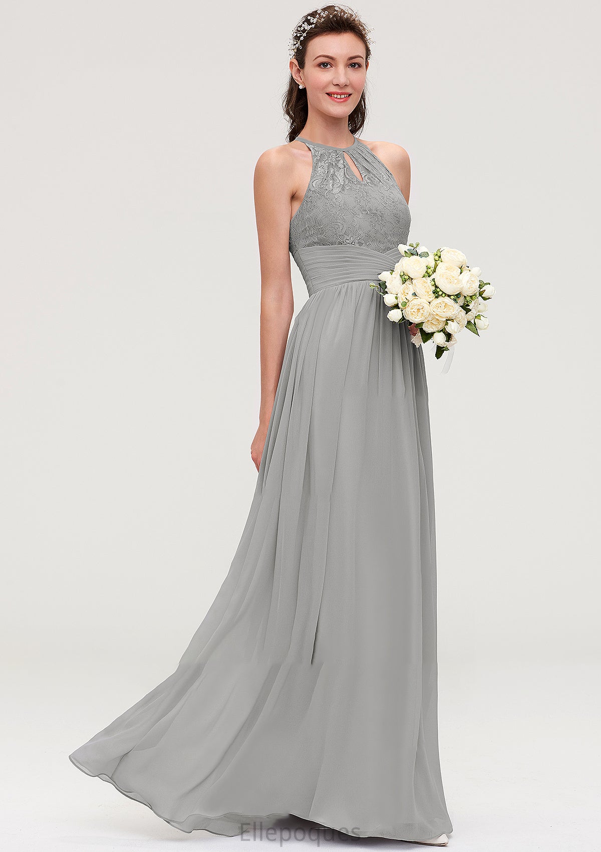 Sleeveless Scoop Neck Chiffon A-line/Princess Long/Floor-Length Bridesmaid Dresseses With Pleated Lace Lauretta HOP0025460