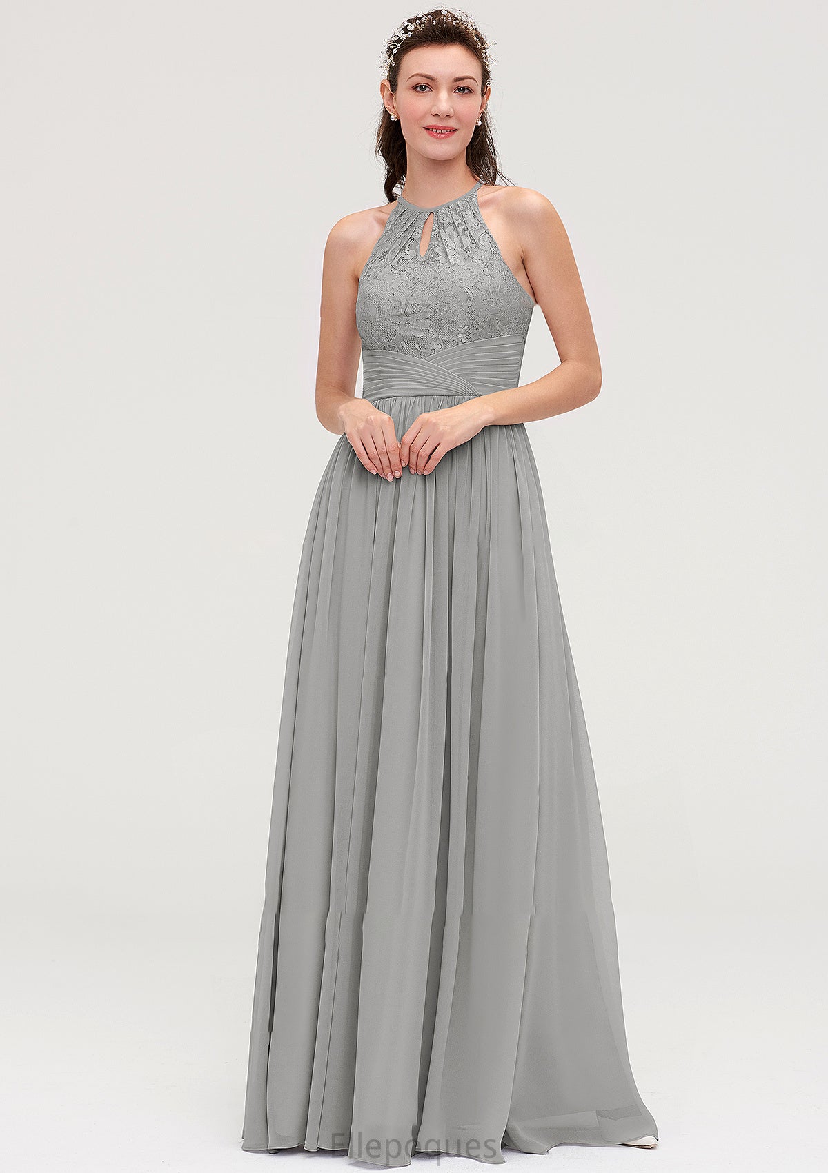 Sleeveless Scoop Neck Chiffon A-line/Princess Long/Floor-Length Bridesmaid Dresseses With Pleated Lace Lauretta HOP0025460