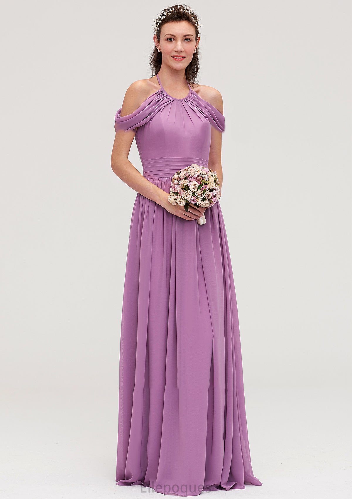 Scoop Neck Sleeveless Chiffon A-line/Princess Long/Floor-Length Bridesmaid Dresseses With Pleated Tiana HOP0025461