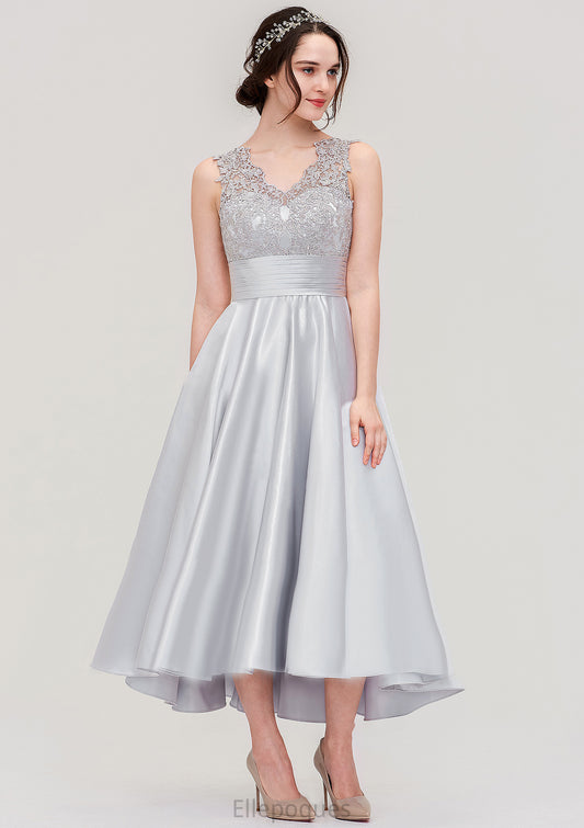Sleeveless V Neck Asymmetrical Satin A-line/Princess Bridesmaid Dresses With Pleated Lace Nadine HOP0025468