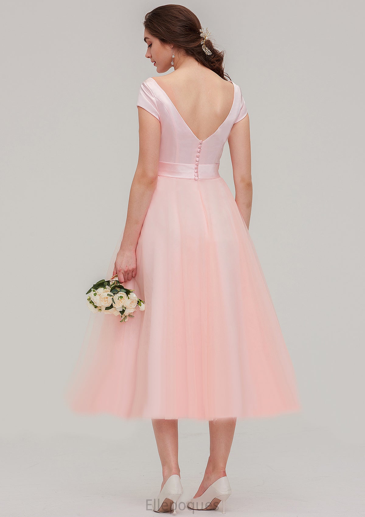 Sweetheart Short Sleeve Tea-Length Tulle A-line/Princess Bridesmaid Dresses With Waistband Beading Pleated Savanna HOP0025473