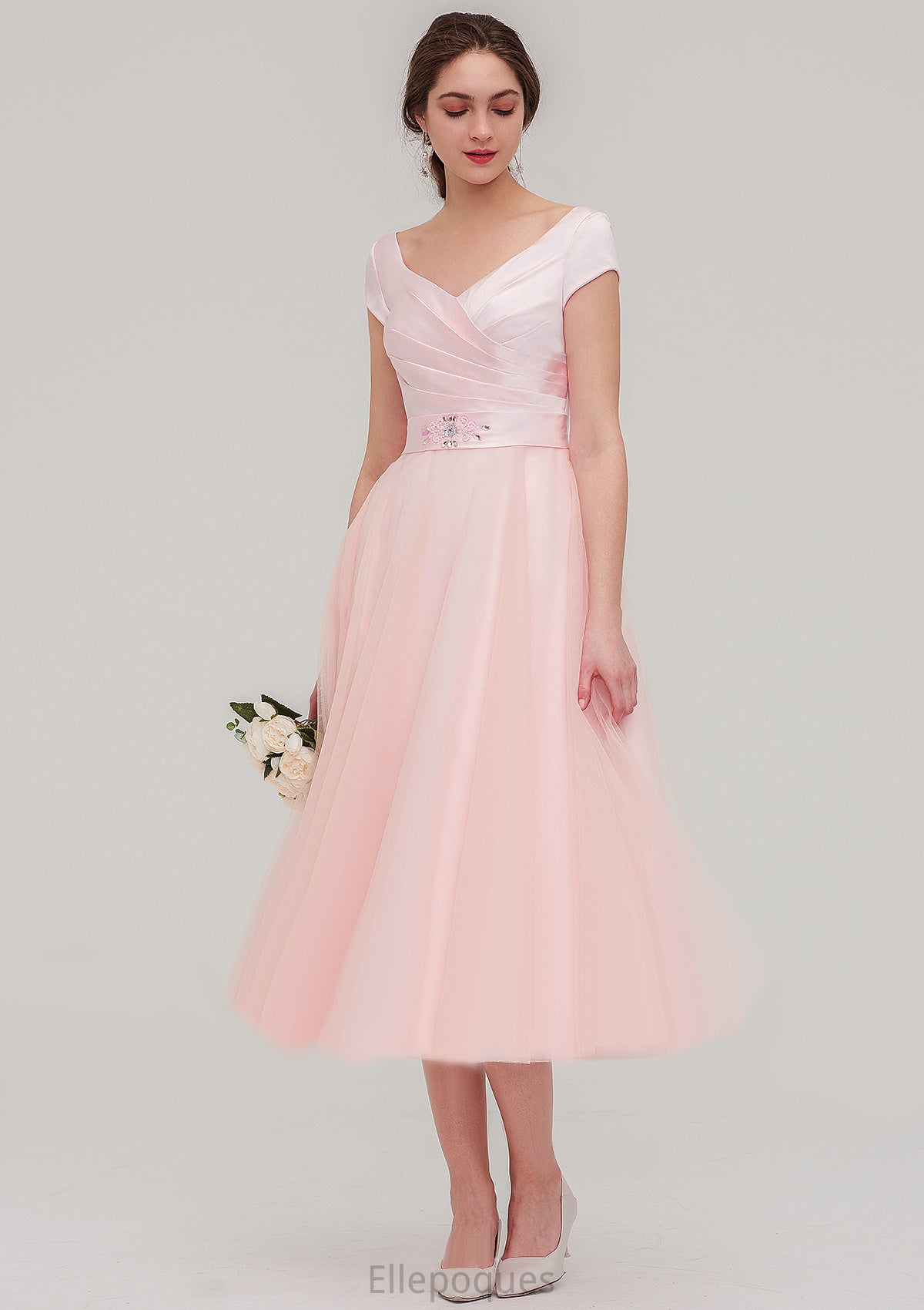 Sweetheart Short Sleeve Tea-Length Tulle A-line/Princess Bridesmaid Dresses With Waistband Beading Pleated Savanna HOP0025473