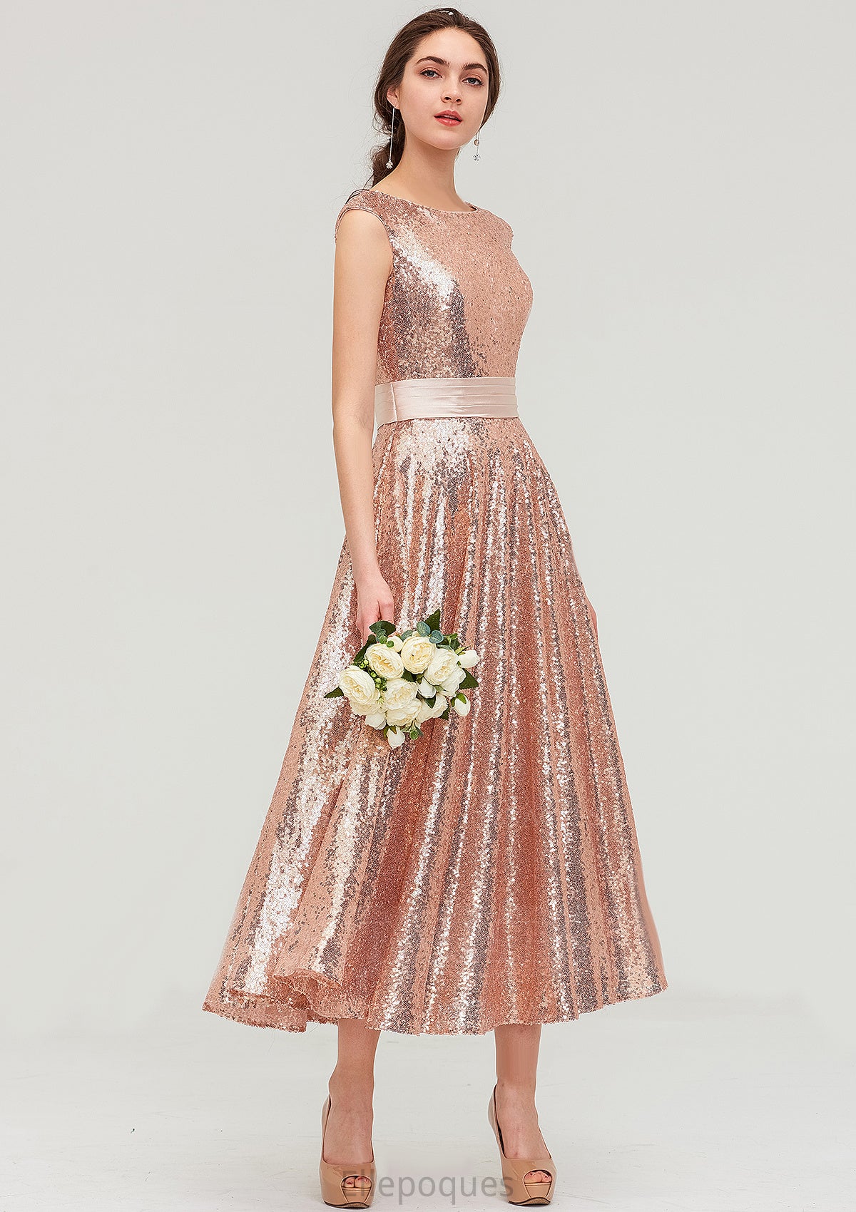 Bateau Sleeveless Tea-Length Sequined A-line/Princess Bridesmaid Dresses With Sashes Brynn HOP0025474