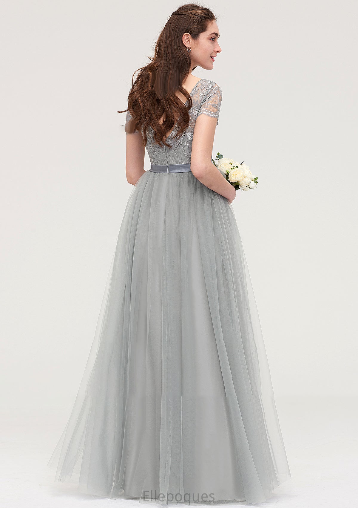 Bateau Short Sleeve Long/Floor-Length Tulle A-line/Princess Bridesmaid Dresses With Sashes Lace Monserrat HOP0025482