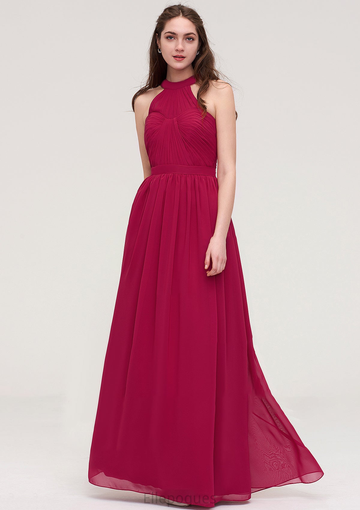 Halter Sleeveless Long/Floor-Length Chiffon A-line/Princess Bridesmaid Dresses With Pleated Viola HOP0025483