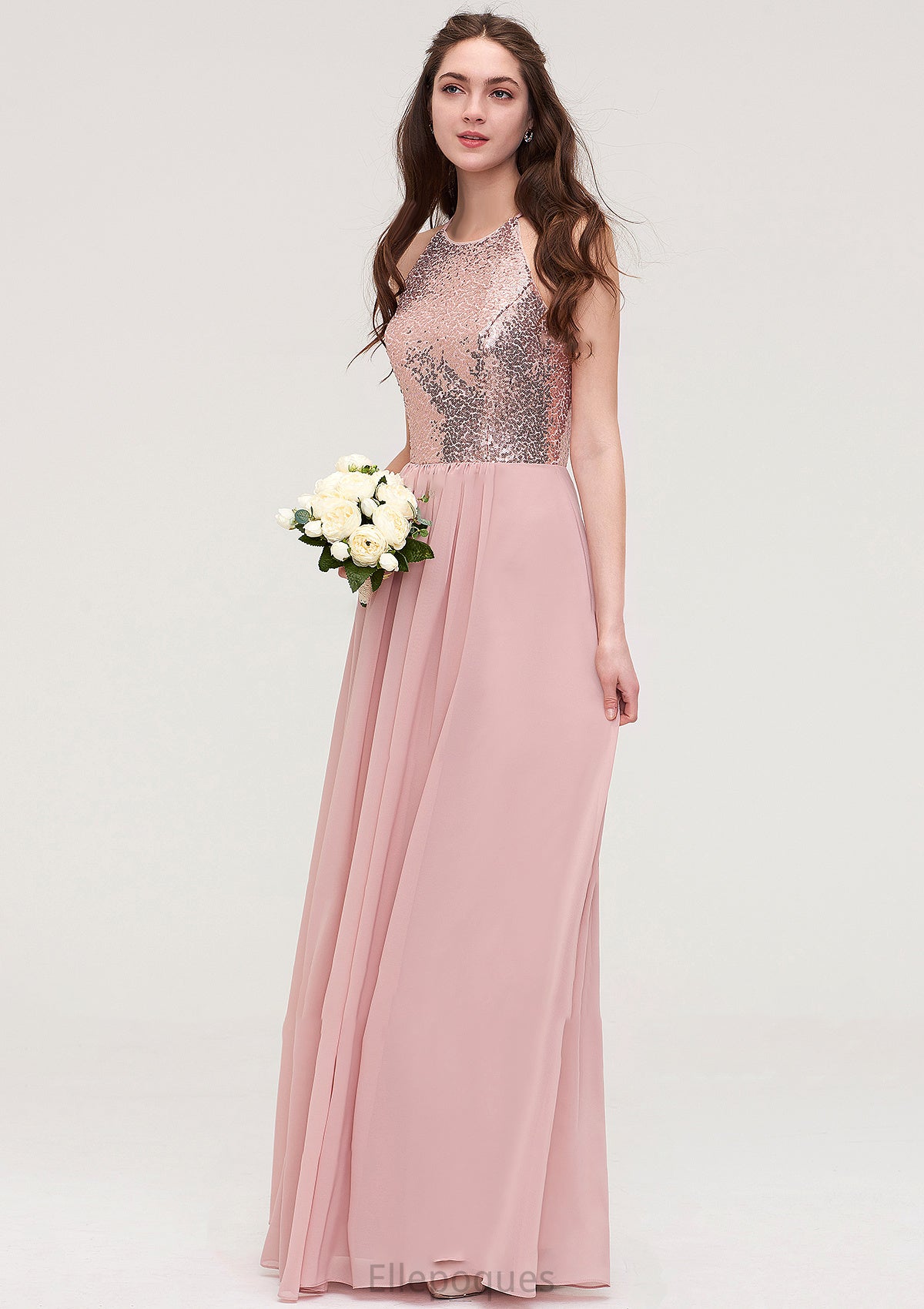 Sleeveless Bateau Long/Floor-Length Chiffon A-line/Princess Bridesmaid Dresses With Sequins Kamryn HOP0025484