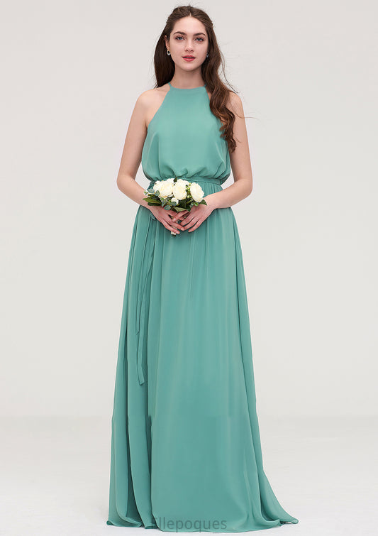High-Neck Sleeveless Long/Floor-Length Chiffon A-line/Princess Bridesmaid Dresses With Sashes Mila HOP0025485