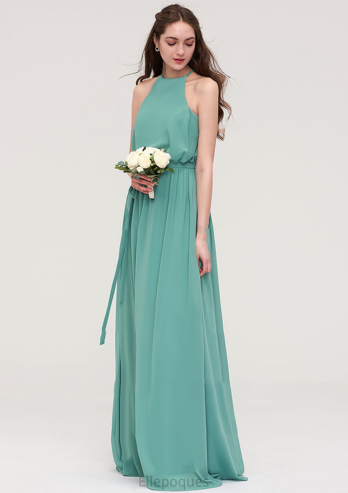 High-Neck Sleeveless Long/Floor-Length Chiffon A-line/Princess Bridesmaid Dresses With Sashes Mila HOP0025485