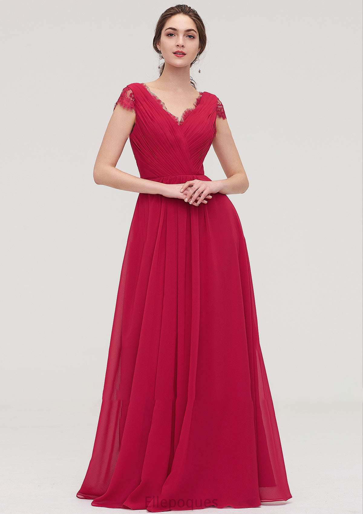 Sleeveless V Neck Long/Floor-Length Chiffon A-line/Princess Bridesmaid Dresses With Lace Pleated Ayla HOP0025486