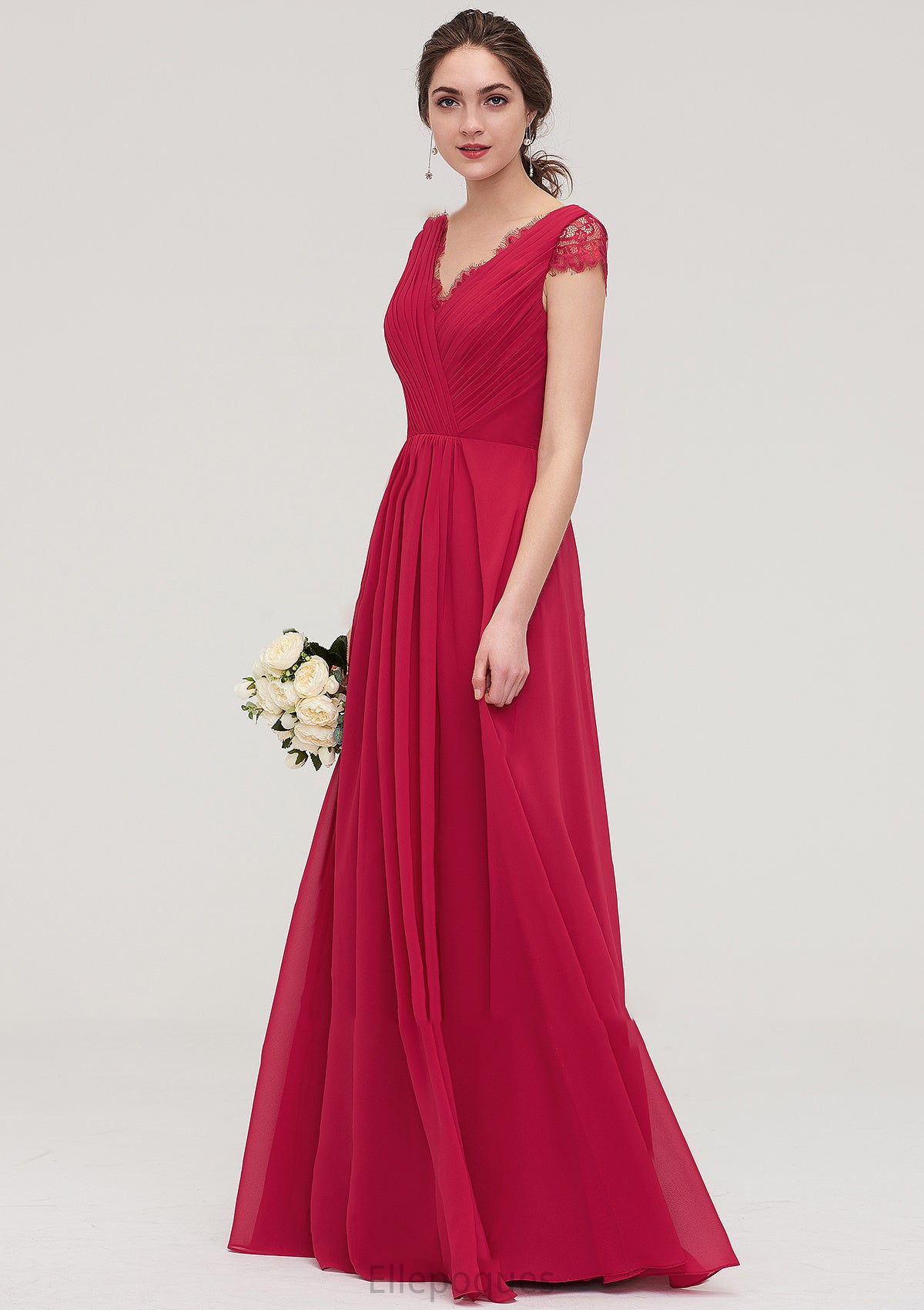 Sleeveless V Neck Long/Floor-Length Chiffon A-line/Princess Bridesmaid Dresses With Lace Pleated Ayla HOP0025486