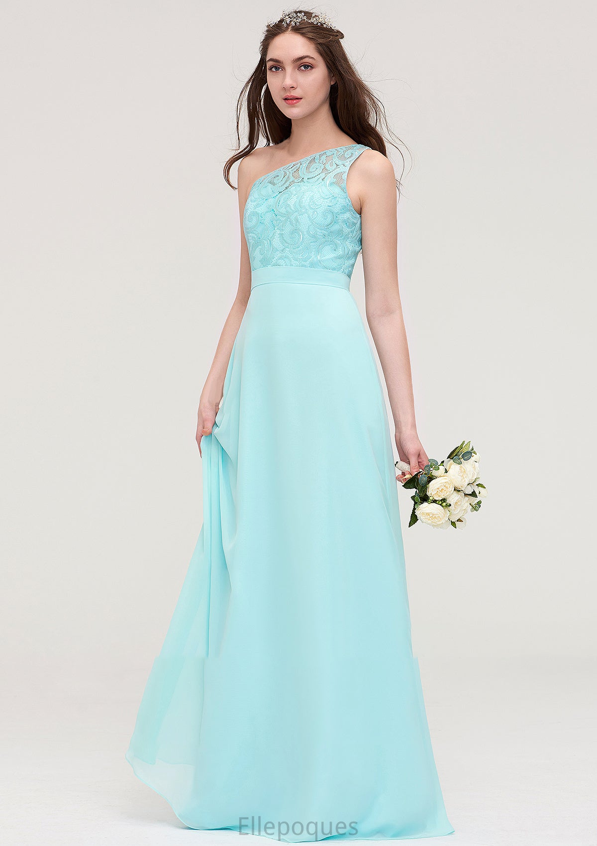 One-Shoulder Sleeveless Long/Floor-Length Chiffon A-line/Princess Bridesmaid Dresses With Lace Peyton HOP0025491
