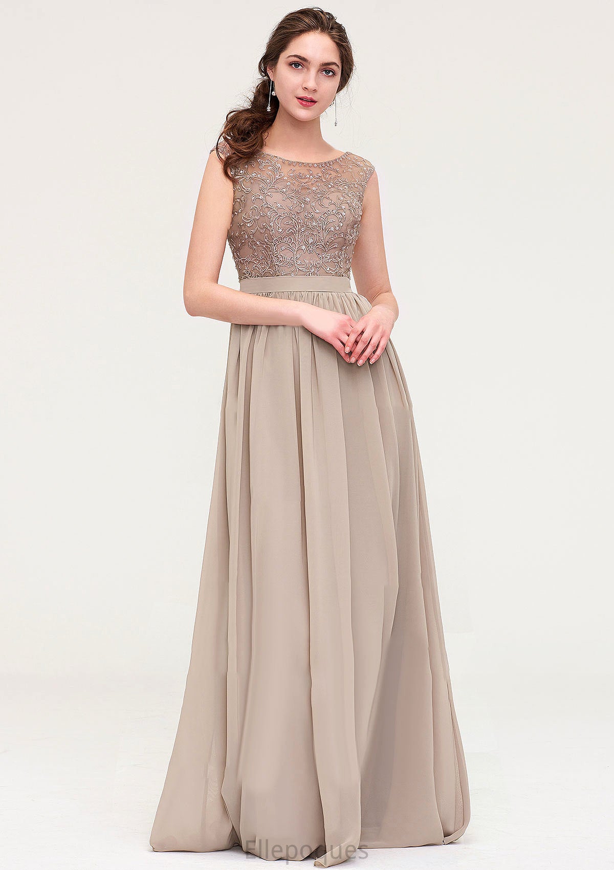 Sleeveless Scoop Neck Long/Floor-Length Chiffon A-line/Princess Bridesmaid Dresses With Sequins Beading Lace Pleated Dalia HOP0025493