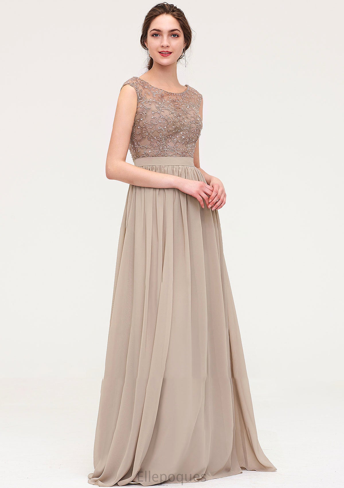 Sleeveless Scoop Neck Long/Floor-Length Chiffon A-line/Princess Bridesmaid Dresses With Sequins Beading Lace Pleated Dalia HOP0025493