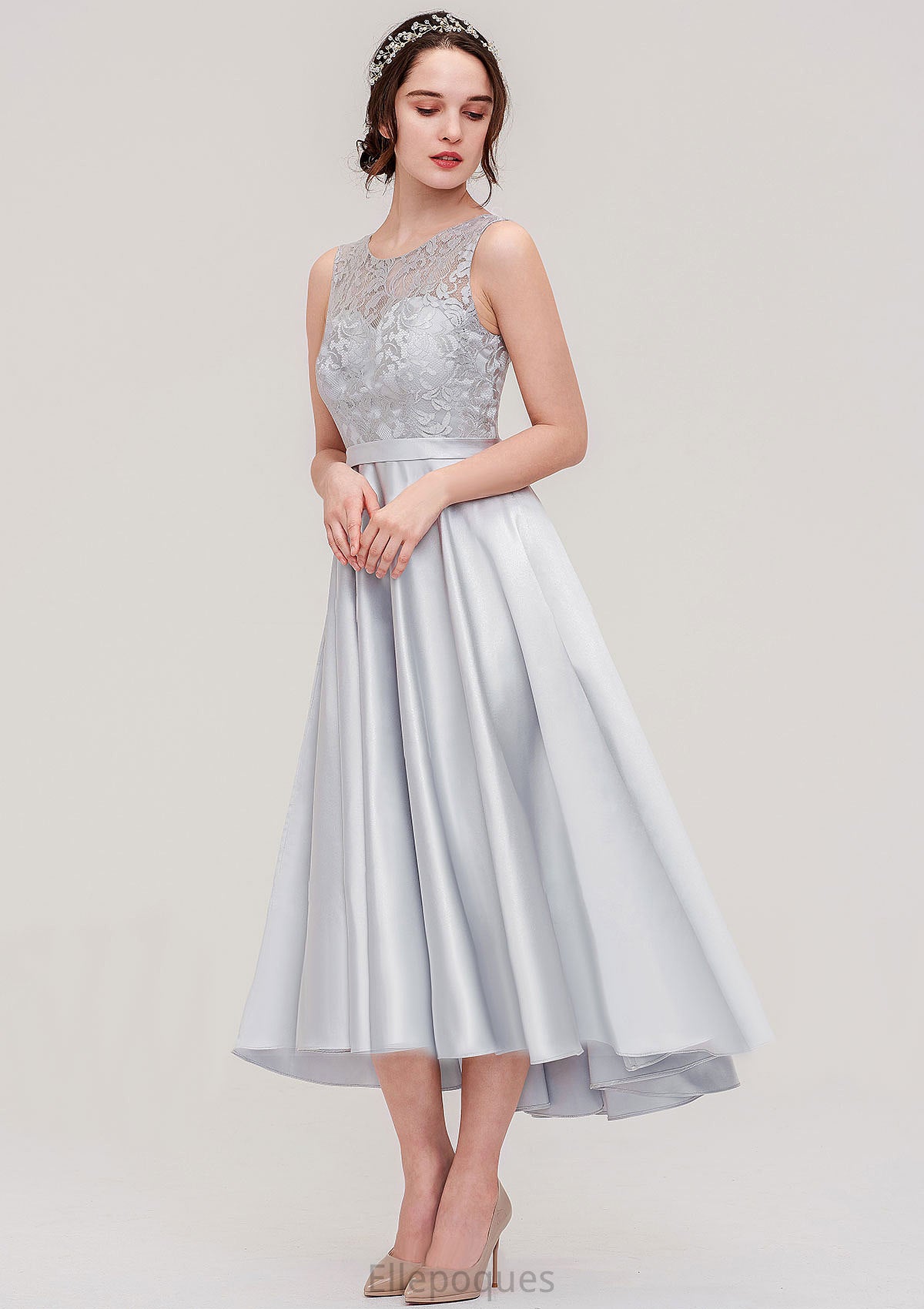Bateau Sleeveless Tea-Length Satin A-line/Princess Bridesmaid Dresses With Sashes Lace Greta HOP0025495