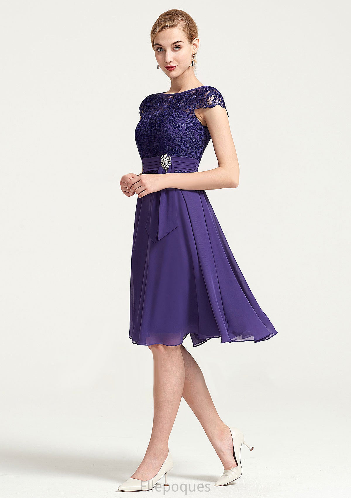 Sleeveless Bateau Knee-Length A-line/Princess Chiffon Bridesmaid Dresses With Rhinestone Appliqued Sashes Haley HOP0025496