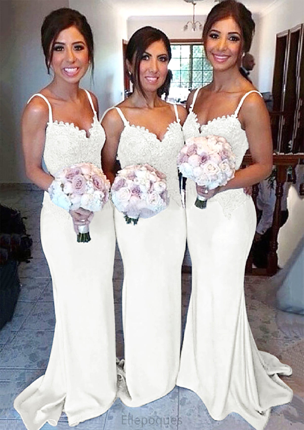 Sweetheart Court Train Sheath/Column Elastic Satin Bridesmaid Dresseses With Lace Azul HOP0025500