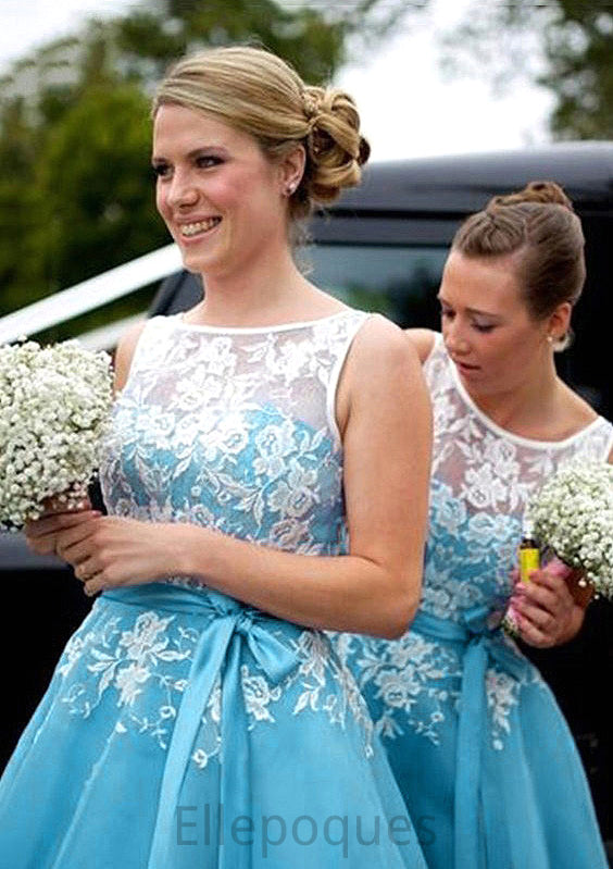 Bateau A-Line/Princess Tea-Length Organza Bridesmaid Dresses With Appliqued Lexie HOP0025504