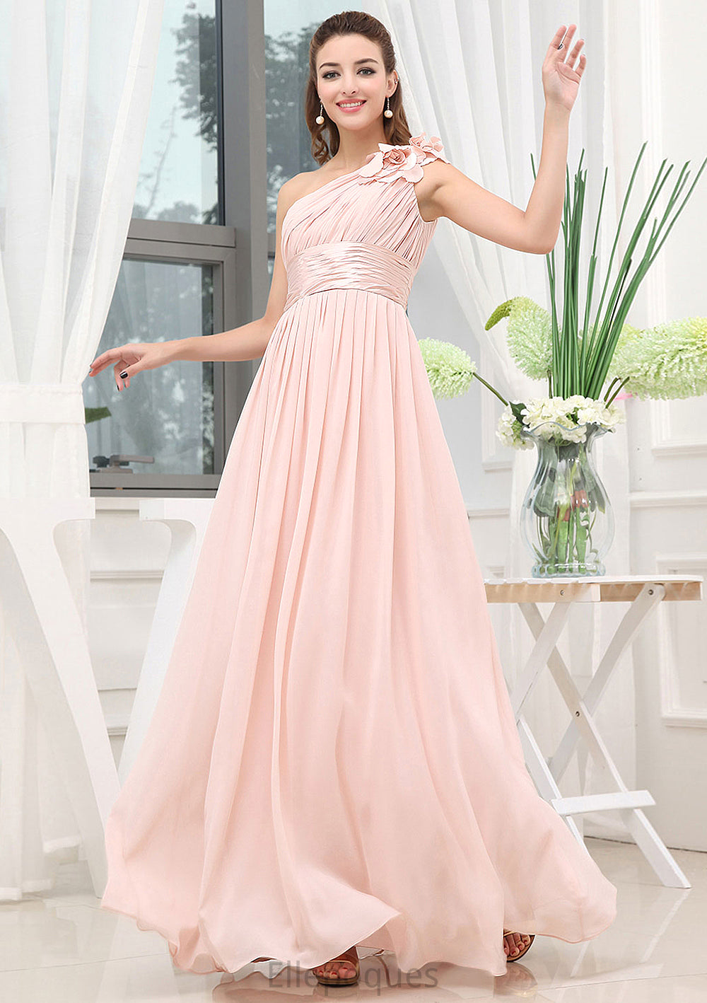 Sleeveless One-Shoulder Long/Floor-Length A-line/Princess Chiffon Bridesmaid Dresses With Pleated Shoulder Flower Aylin HOP0025507