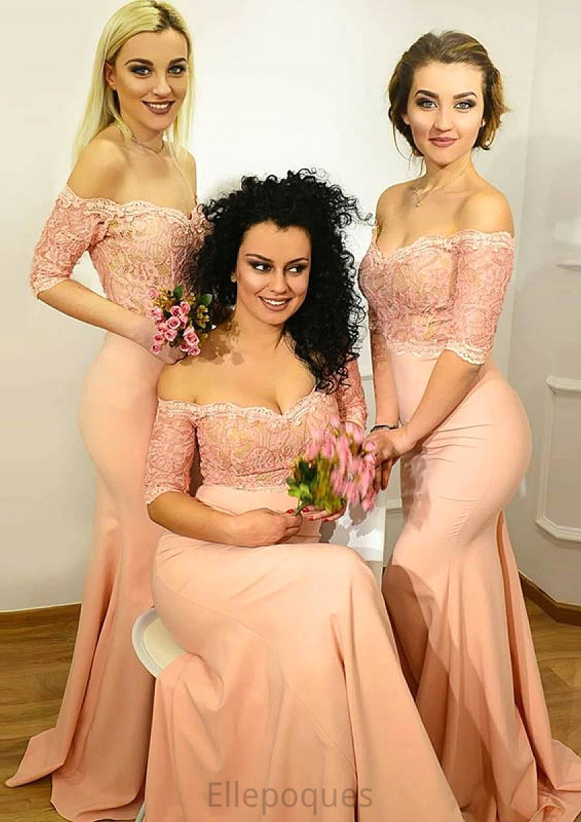 Off-the-Shoulder Half Sleeve Long/Floor-Length Sheath/Column Elastic Satin Bridesmaid Dresseses With Lace Julie HOP0025509