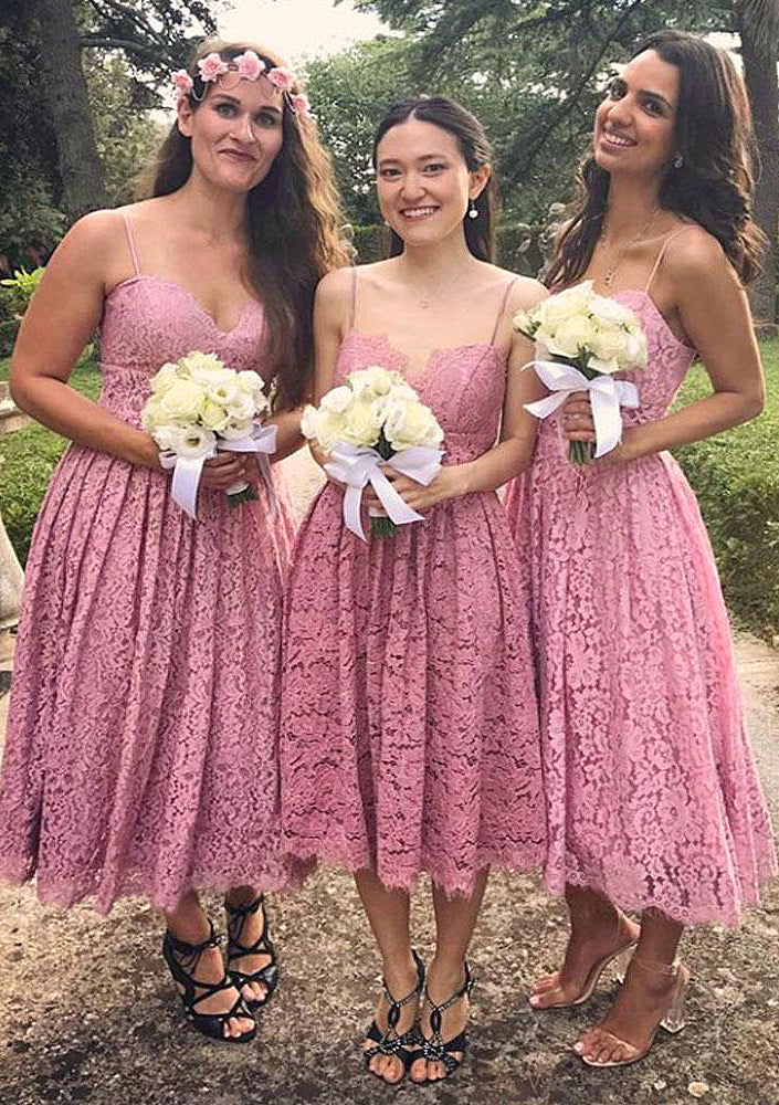 Sleeveless Sweetheart Tea-Length A-line/Princess Lace Bridesmaid Dresseses With Pleated Persis HOP0025518