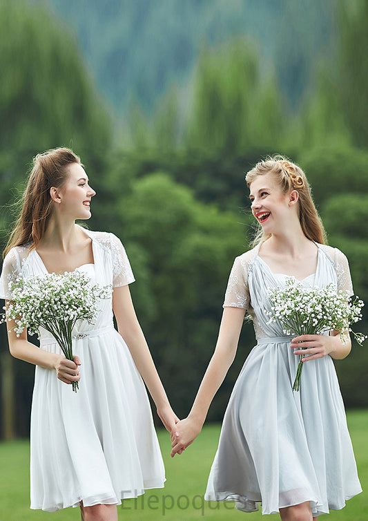 Short/Mini Scalloped Neck Short Sleeve Chiffon A-line/Princess Bridesmaid Dresseses With Lace Sarah HOP0025520