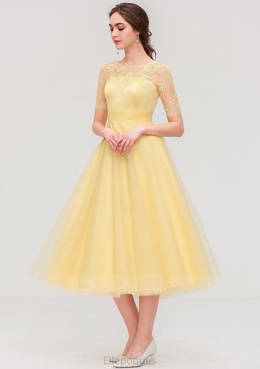 Bateau Short Sleeve A-line/Princess Tulle Tea-Length  Bridesmaid Dresses With Pleated Lace Kaila HOP0025522