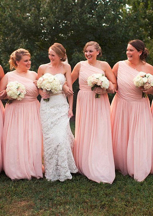 One-Shoulder A-Line/Princess Long/Floor-Length Chiffon Bridesmaid Dresses With Pleated Madalyn HOP0025529