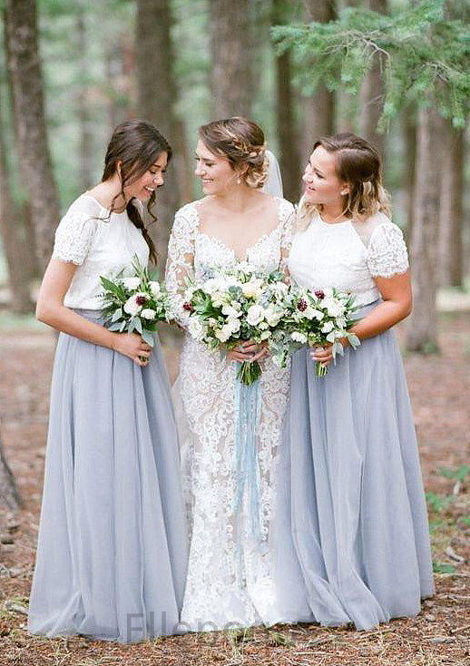 Short Sleeve Scoop Neck Long/Floor-Length A-line/Princess Tulle Bridesmaid Dresseses With Lace Ryann HOP0025563
