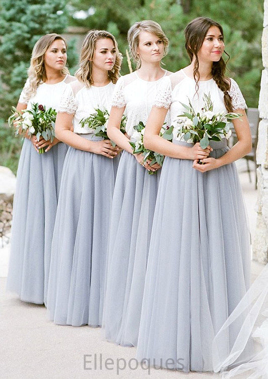 Short Sleeve Scoop Neck Long/Floor-Length A-line/Princess Tulle Bridesmaid Dresseses With Lace Ryann HOP0025563