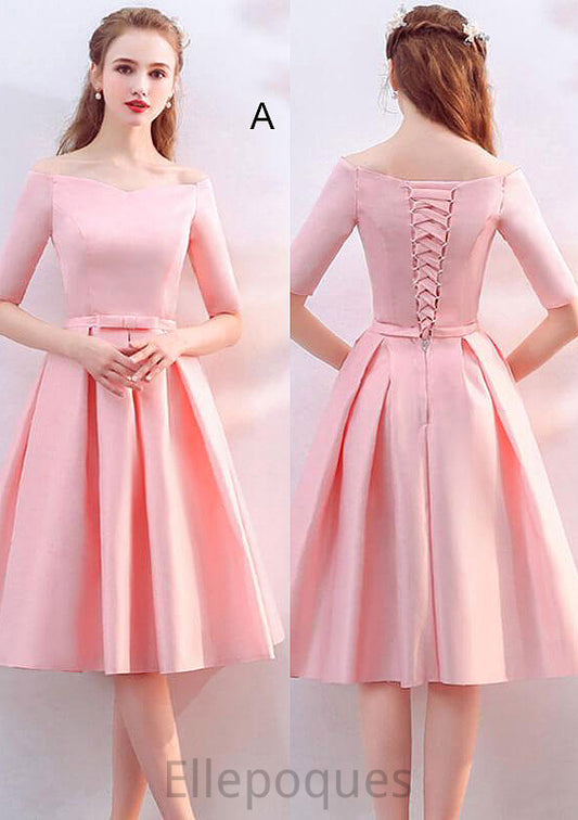 Off-the-Shoulder A-line/Princess Knee-Length Satin A-line/Princess Bridesmaid Dresses With Waistband Summer HOP0025568