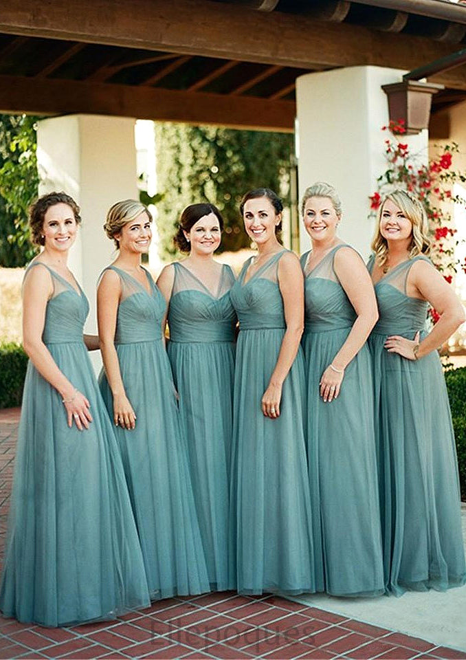 Sleeveless V Neck Tulle Long/Floor-Length A-line/Princess Bridesmaid Dresseses With Pleated Patience HOP0025578
