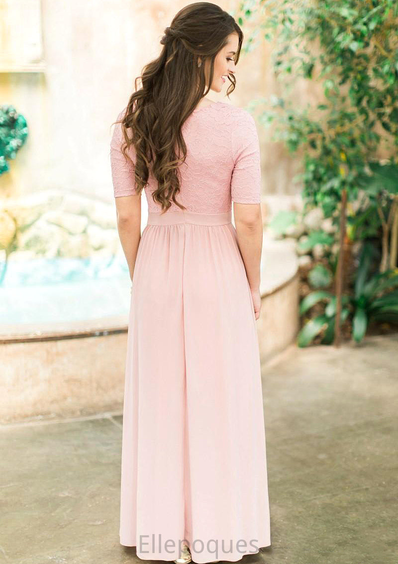 Scoop Neck Short Sleeve Ankle-Length A-line/Princess Chiffon Bridesmaid Dresses With Lace Pleated Alexus HOP0025580