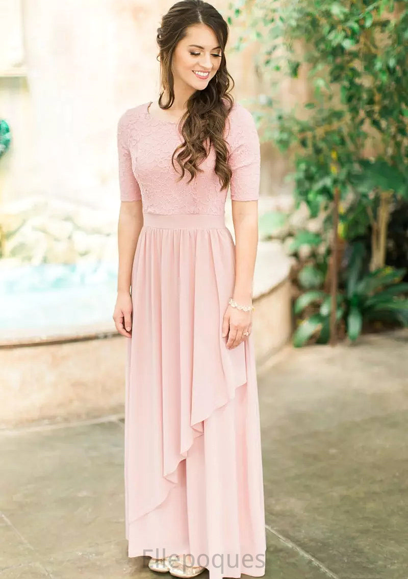 Scoop Neck Short Sleeve Ankle-Length A-line/Princess Chiffon Bridesmaid Dresses With Lace Pleated Alexus HOP0025580