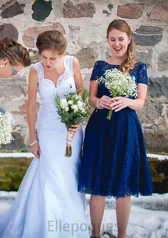 Bateau Short Sleeve A-line/Princess Lace Knee-Length Bridesmaid Dresseses Maritza HOP0025582