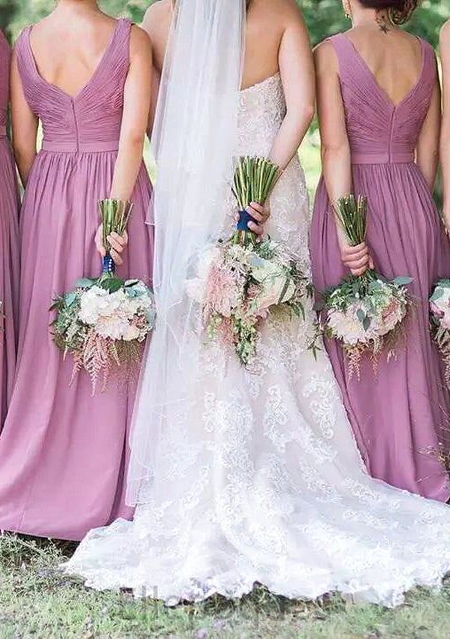Sleeveless V Neck Long/Floor-Length Chiffon A-line/Princess Bridesmaid Dresseses With Pleated Maribel HOP0025584