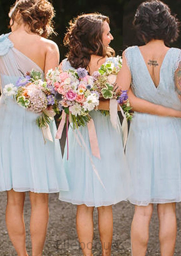 Sleeveless V Neck Knee-Length Chiffon A-line/Princess Bridesmaid Dresseses With Lace Aiyana HOP0025587