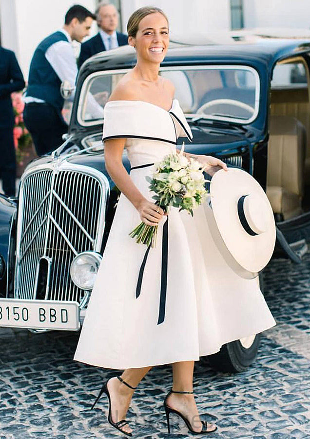 Sleeveless Off-the-Shoulder Tea-Length Satin A-line/Princess Bridesmaid Dresseses With Low Back Parker HOP0025590