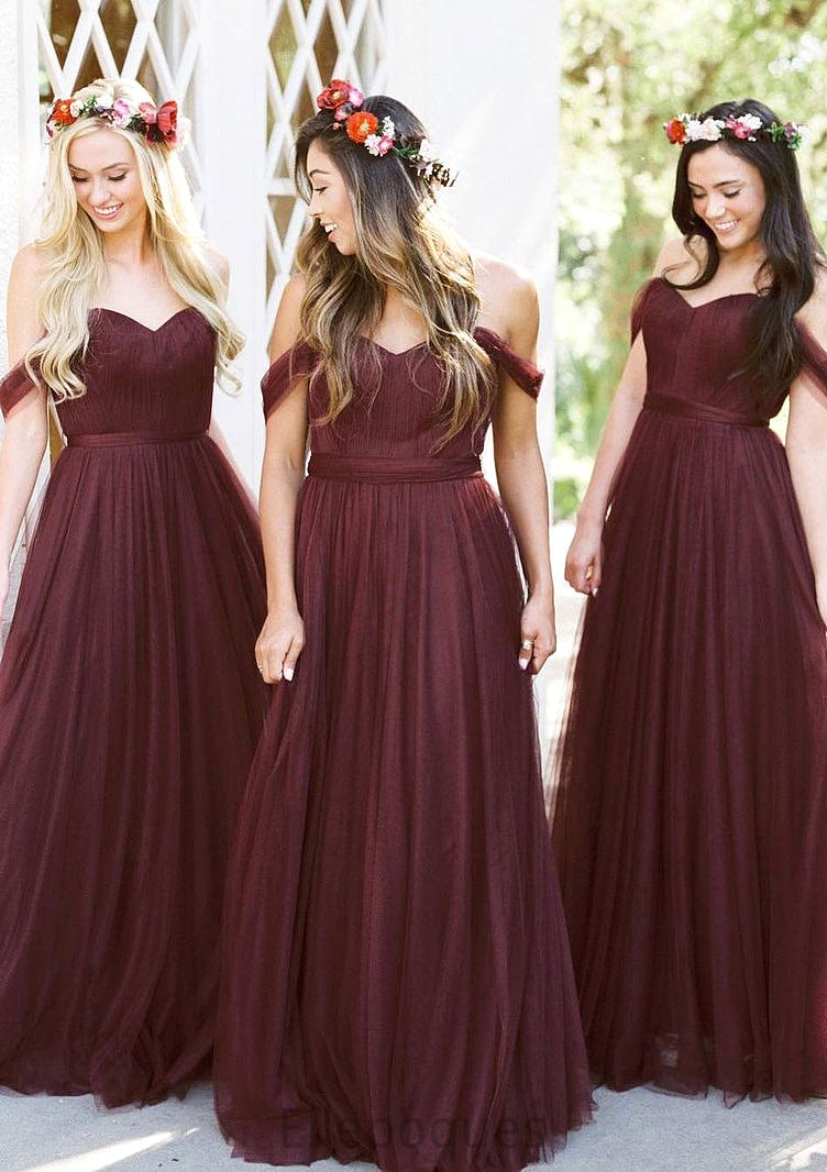 Sleeveless Off-the-Shoulder Long/Floor-Length Tulle A-line/Princess Bridesmaid Dresseses With Pleated Chloe HOP0025591